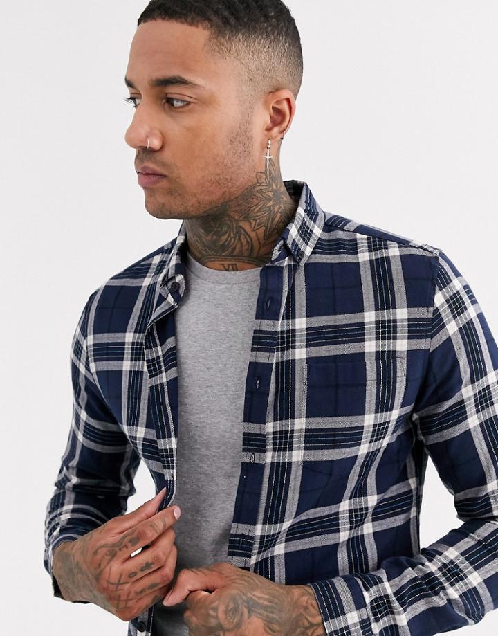 Asos Design Slim Stretch Check Shirt In Navy