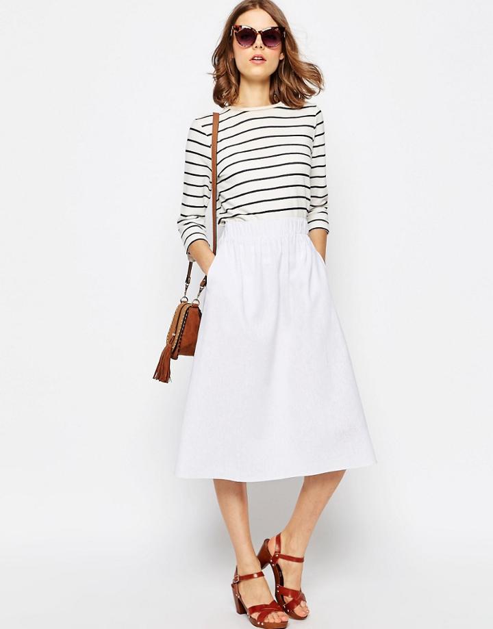 Asos Full Midi Skirt In Linen - White