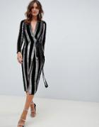 Asos Design Wrap Midi Dress In Velvet Stripe Sequin - Multi
