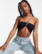 Asos Design Bandeau Crop Top With Chain Halter In Black - Part Of A Set