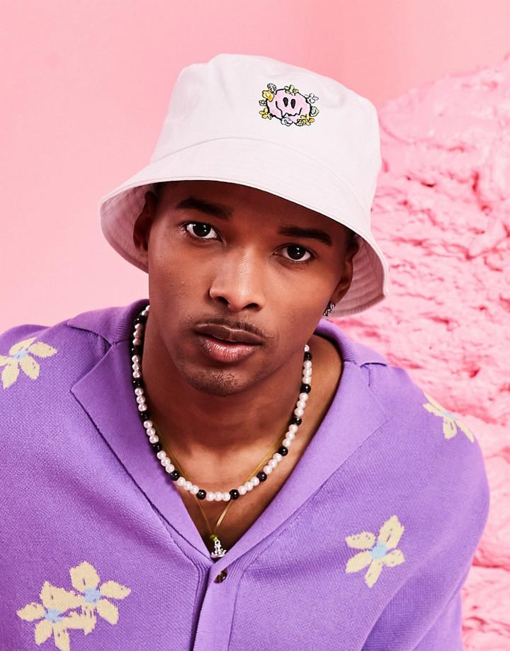 Asos Design Cotton Bucket Hat With Smile Embroidery In Ecru-white