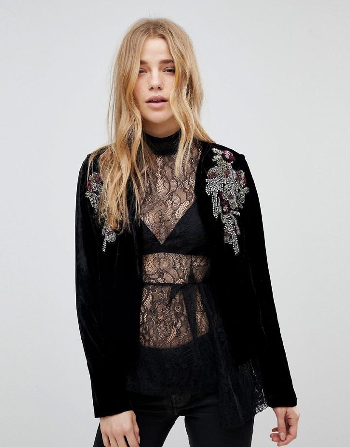 New Look Embellished Velvet Crop Jacket - Black