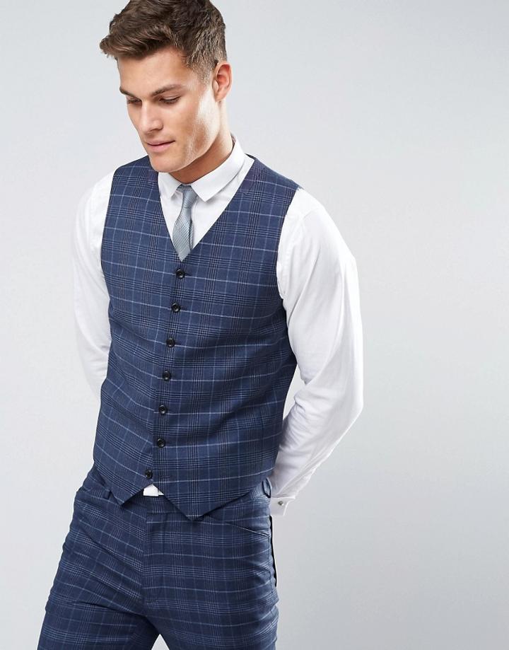 Asos Wedding Skinny Vest In Check - Blue
