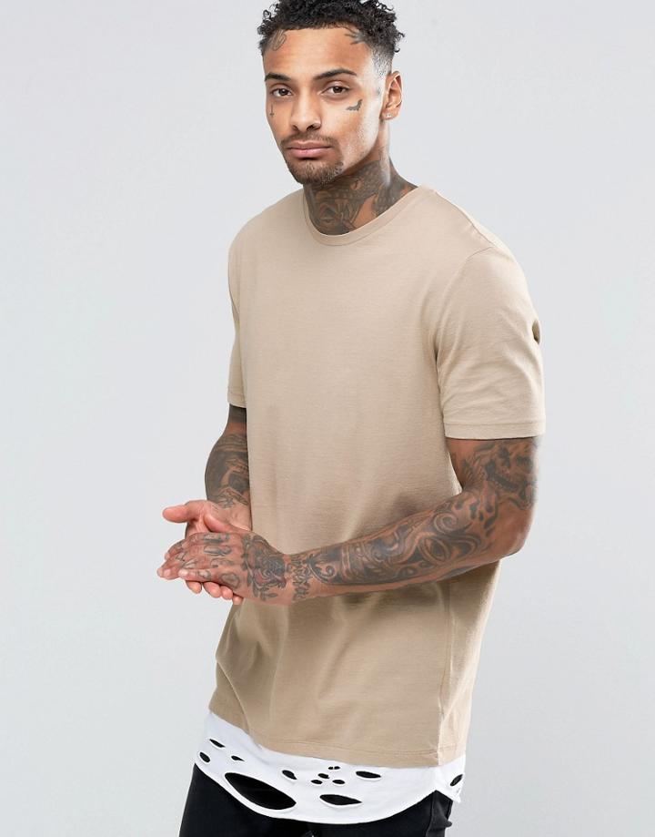 Asos Super Longline T-shirt With Distressed Hem Extender In Beige - Silver Mink