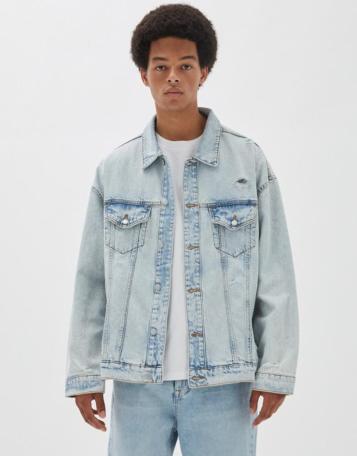 Pull & Bear Denim Jacket In Blue Acid Wash-white