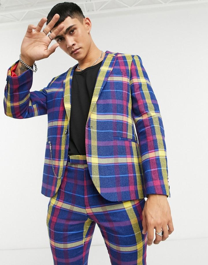 Twisted Tailor Suit Jacket In Large Purple And Blue Plaid