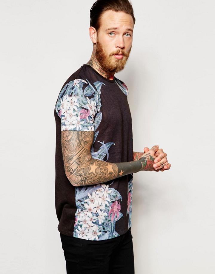 Asos T-shirt In Linen Look With Muted Floral Print - Black