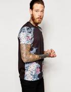 Asos T-shirt In Linen Look With Muted Floral Print - Black