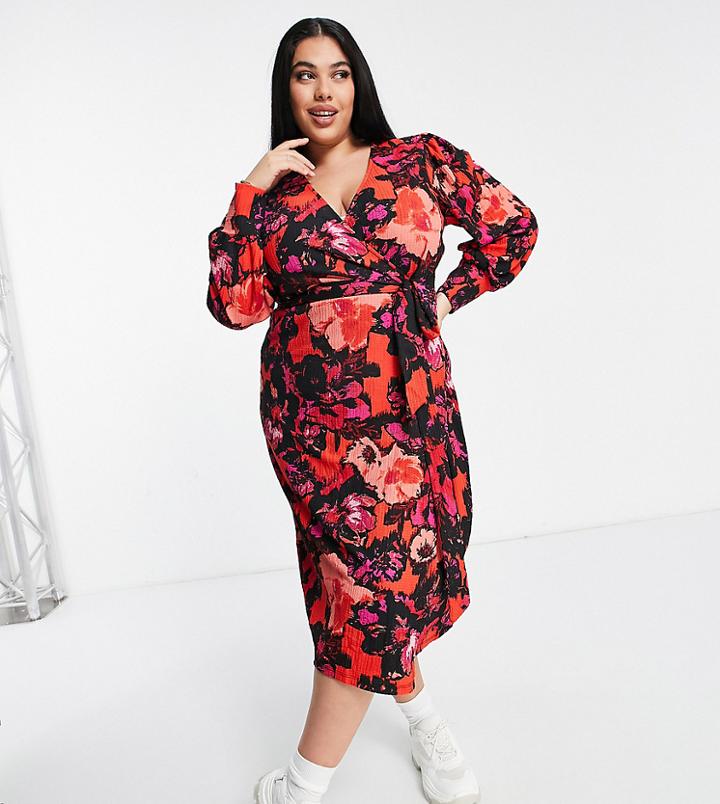 River Island Plus Floral Print Wrap Dress In Red