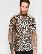 Asos Leopard Shirt With Revere Collar In Regular Fit - Brown