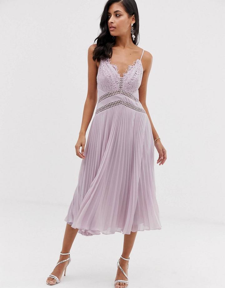 Asos Design Midi Dress With Lace Bodice And Delicate Lace Trim Details - Purple