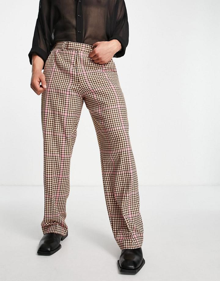 Asos Design Wide Leg Smart Pants In Pink And Orange Dog Tooth
