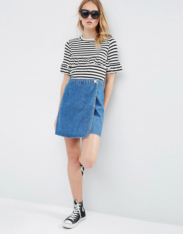 Asos Denim Wrap A Line Skirt In Mid Wash Blue - Blue