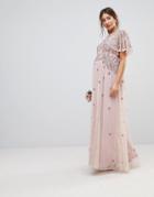 Asos Design Maternity Bridesmaid Iridescent Delicate Beaded Flutter Sleeve Maxi Dress - Pink