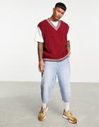 Asos Design Knitted Cricket Vest In Red With Tipping