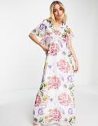 Blume Bridal Chiffon Maxi Dress With Frill Detail In Floral Print-multi