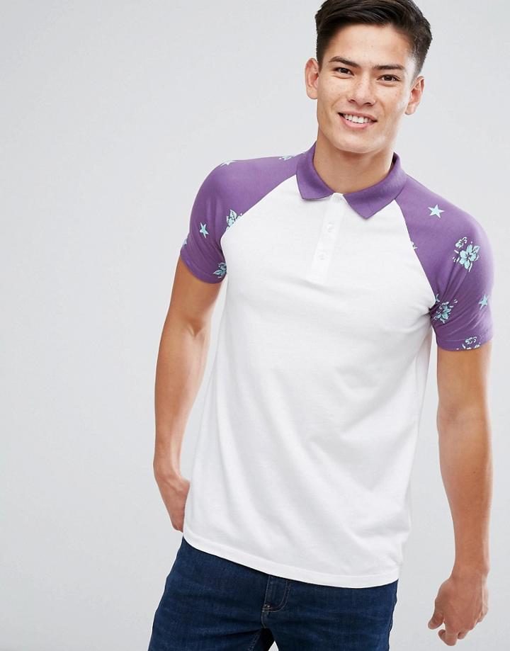 Asos Raglan Polo With Floral Star Print Contrast Sleeves - White