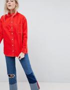 Asos Denim Oversized Shirt In Red With Contrast Stitch - Red