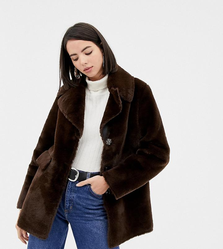 Warehouse Faux Fur Coat In Chocolate - Brown