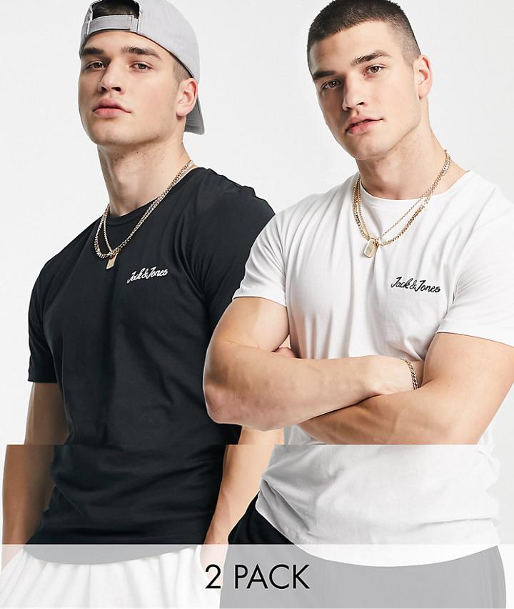 Jack & Jones Essentials 2 Pack T-shirts With Script Chest Logo In Black And White-multi