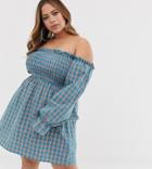 Prettylittlething Plus Bardot Dress With Shirred Detail In Blue Check - Multi