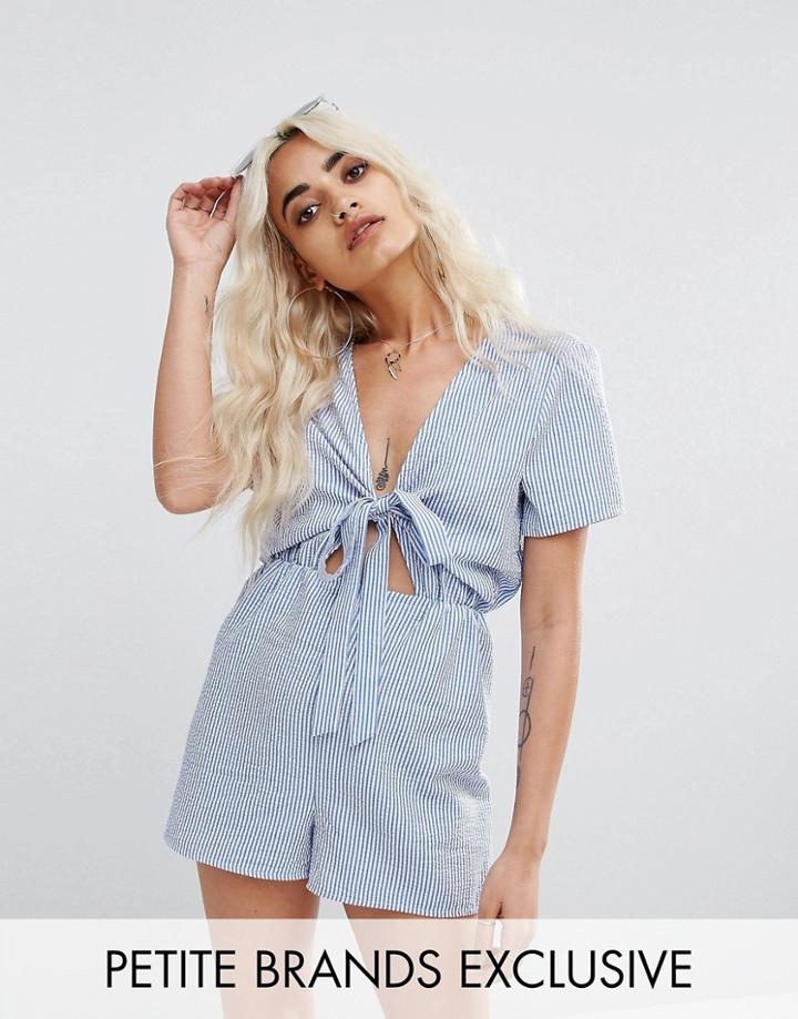 Missguided Petite Stripe Tie Front Romper - Blue