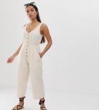 Asos Design Petite Denim Button Through Jumpsuit In Off White - White