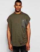 Asos Super Oversized Sleeveless T-shirt With Military Pocket In Khaki - Khaki