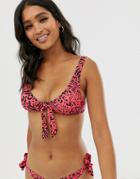 New Look Tie Front Bikini Top In Red Zebra Print