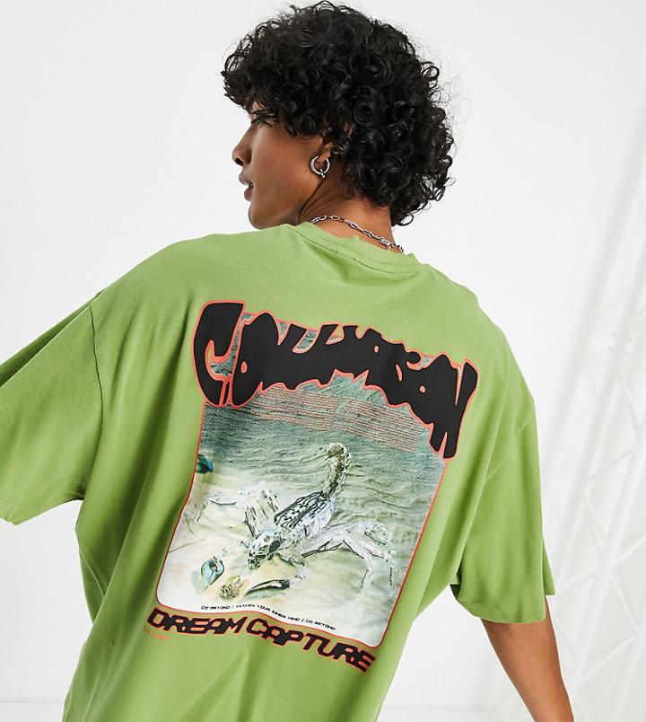 Collusion Oversized T-shirt With Print And Acid Wash In Pique-green
