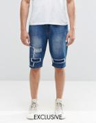 Brooklyn Supply Co Indigo Patched Worn Prospect Slim Shorts - Ind Washed Blue