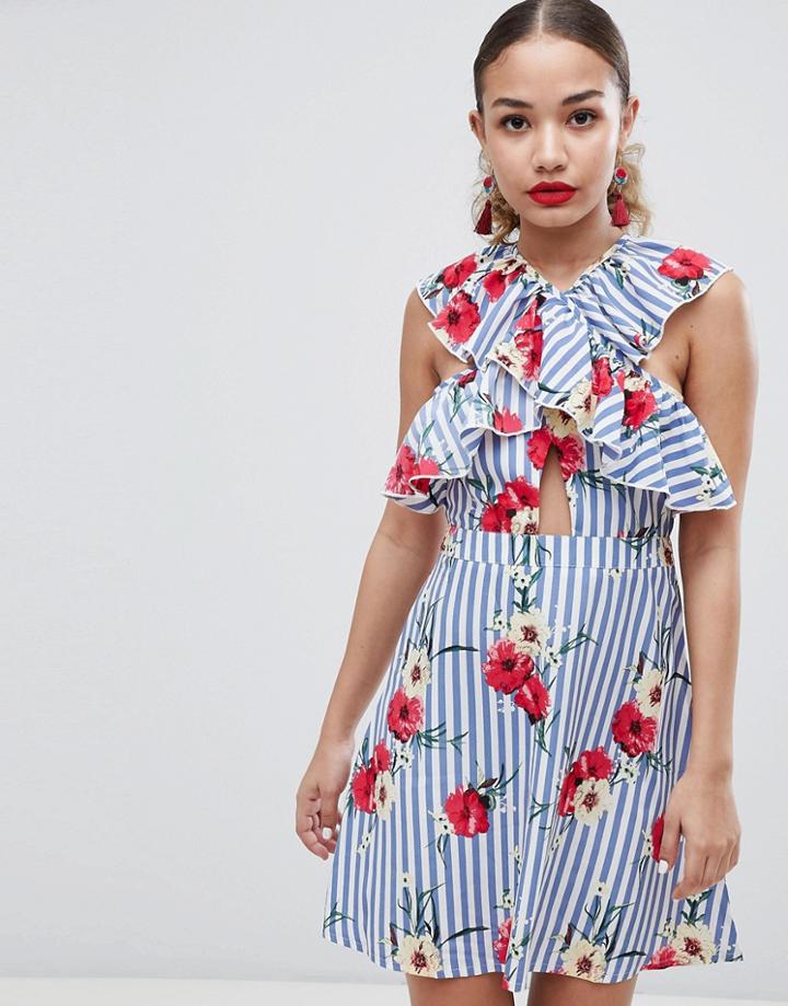 Boohoo Floral And Stripe Skater Dress - Multi