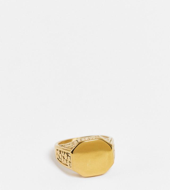 Lost Souls Stainless Steel Engraved Signet Ring In Gold