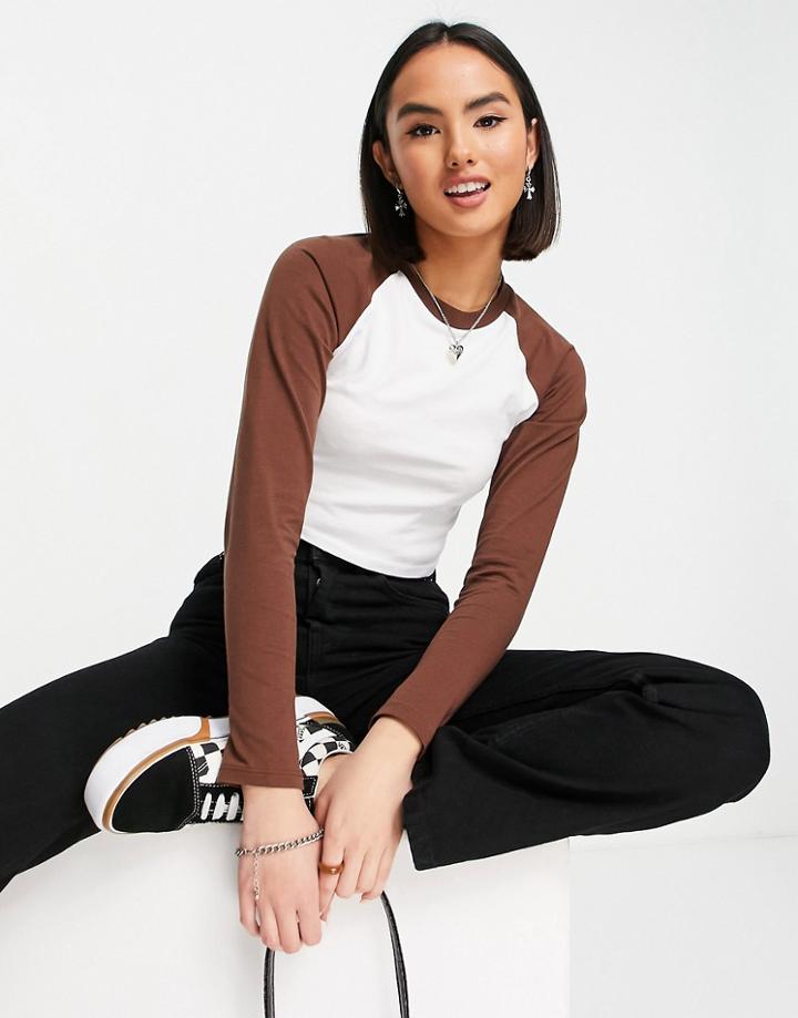 Asos Design Fitted Long Sleeve Top With Contrast Raglan In White With Brown