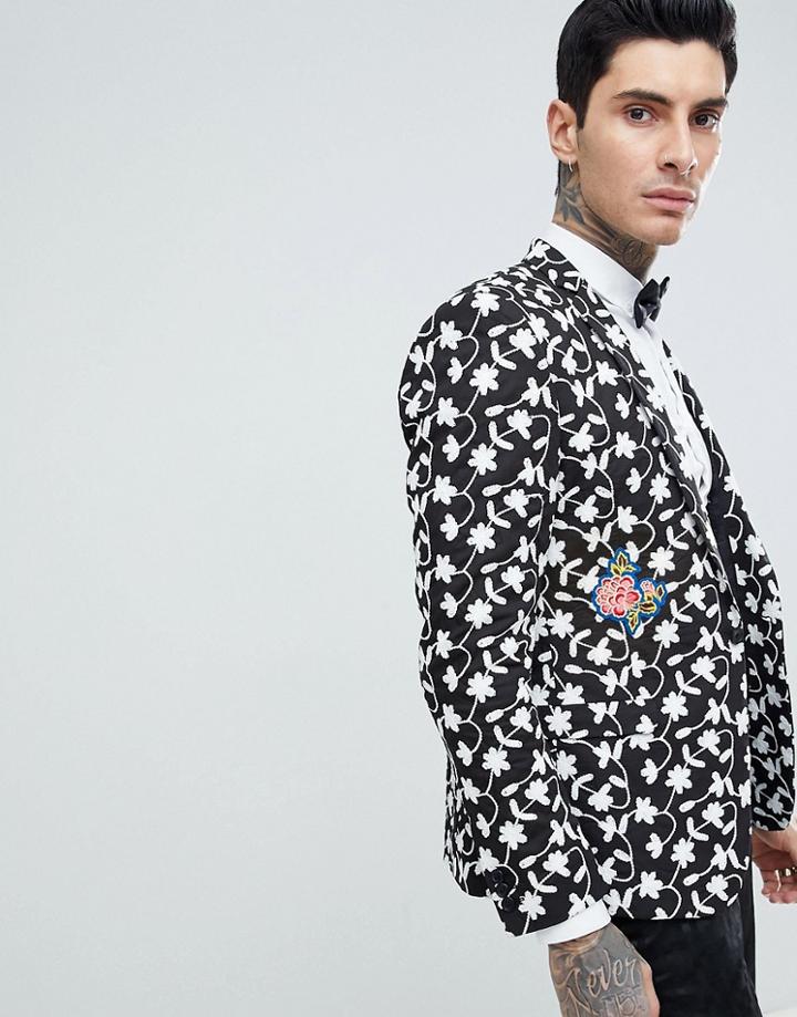 Asos Design Skinny Blazer With Allover Embroidery And Patches - Black