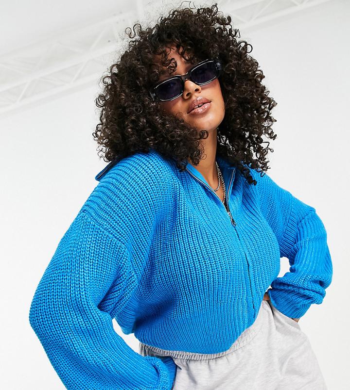 Collusion Plus Knitted Ribbed Oversized Zip Through Sweater In Blue-blues