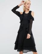 Asos Cold Shoulder Midi Dress With Pleat Detail - Black