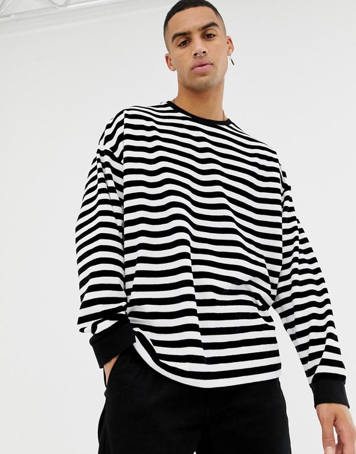 Asos Design Oversized Velour Striped Long Sleeve T-shirt In Black And White - Multi