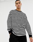Asos Design Oversized Velour Striped Long Sleeve T-shirt In Black And White - Multi