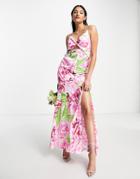 Liquorish Bridesmaid Satin Twist Front Maxi Dress With Slit In Overscale Green Floral