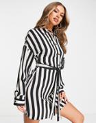 Asos Design Button Through Belted Mini Shirt Dress In Stripe-multi