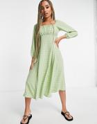 Asos Design Square Ruched Neck Midi Dress In Green Gingham-multi