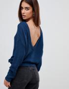 Missguided Plunge V Back Knitted Sweater - Navy
