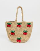 Glamorous Rustic Straw Tote With Cherry Print-beige