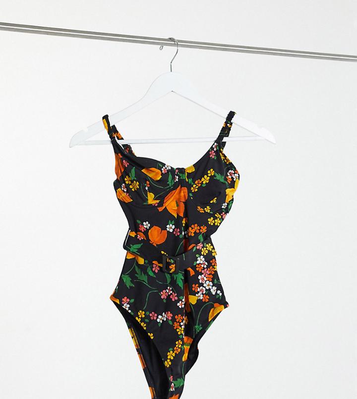 Asos Design Tall Underwired Belted Swimsuit In Enchanted Floral Print-multi