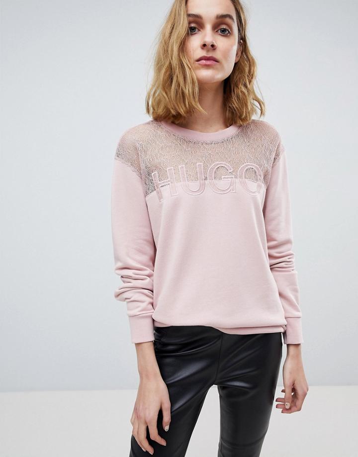 Hugo Signature Sweater With Lace Panel - Pink