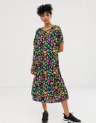 Monki Midi Dress With Button Detail Floral Print In Black