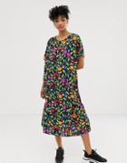 Monki Midi Dress With Button Detail Floral Print In Black