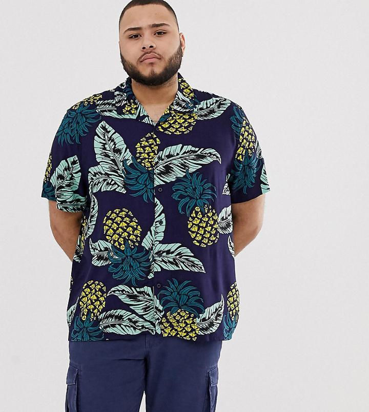 New Look Plus Revere Collar Shirt In Pineapple Print-blue