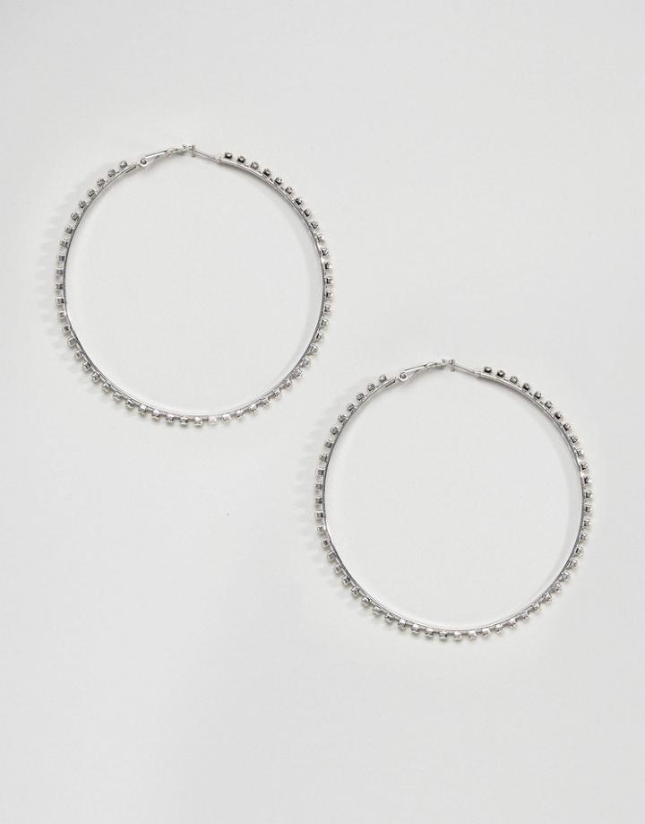 Designb London Oversized Rhinestone Statement Hoops - Silver